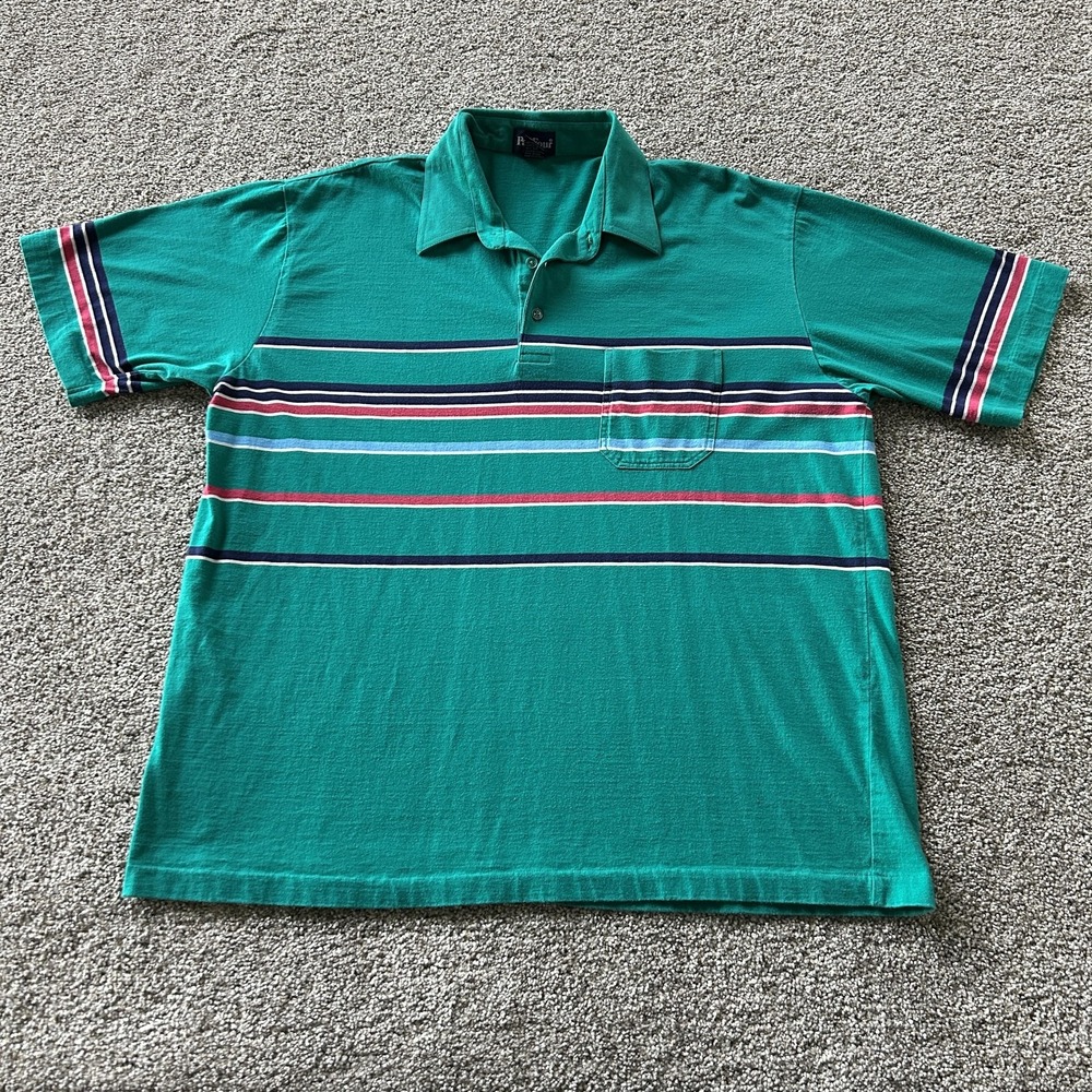 Par Four Polo Shirt Mens XL Green Stripe Pocket Knit Short Sleeve Golf Casual